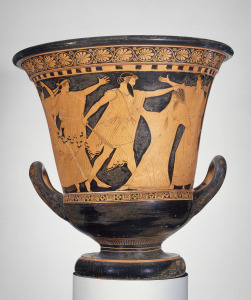 This mixing bowl depicting the killing of the king Agamemnon, created by an artist known as the “Dokimasia Painter,” is among the ancient Greek works on display in the renovated galleries at the Museum of Fine Arts, Boston. (Photo Courtesy MFA)