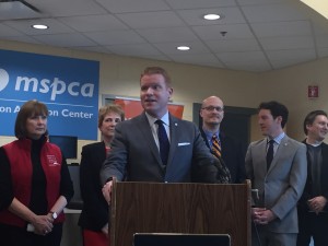 City Councilor Matt O’Malley announcing his “Puppy Mill Bill” at the MSPCA-Angell Animal Medical Center. Courtesy Photo